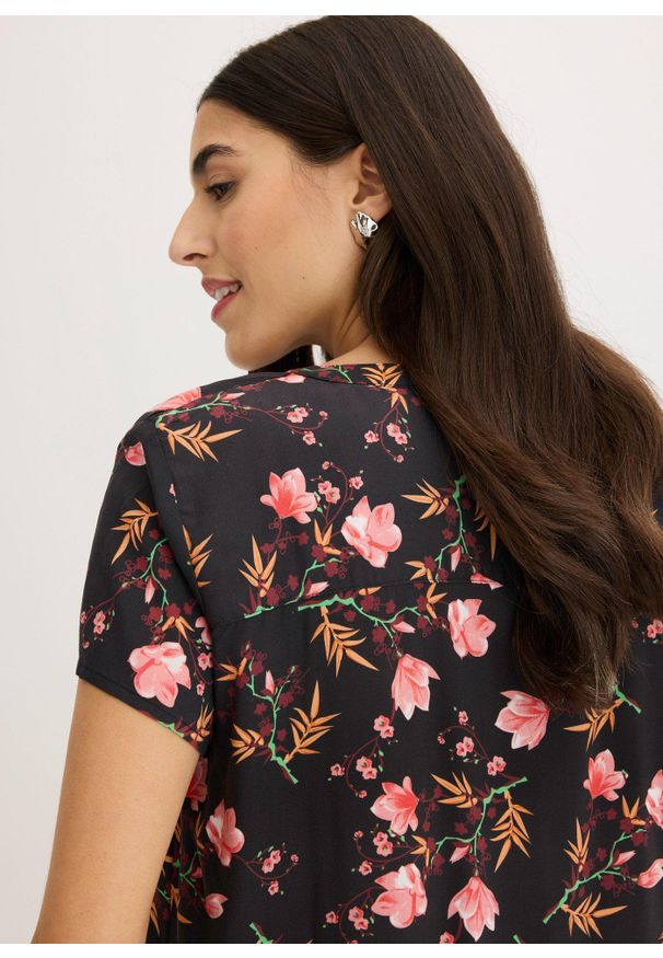 bonprix - Bluzka z krótkim rękawem z czystej wiskozy. Typ kołnierza: dekolt w serek. Kolor: czarny. Materiał: wiskoza. Długość rękawa: krótki rękaw. Długość: krótkie. Wzór: nadruk. Styl: elegancki