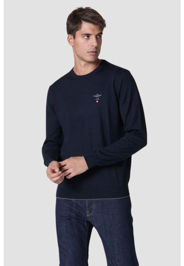 Aeronautica Militare - AERONAUTICA MILITARE Granatowy sweter męski Merino, Rozmiar XXL. Kolor: niebieski