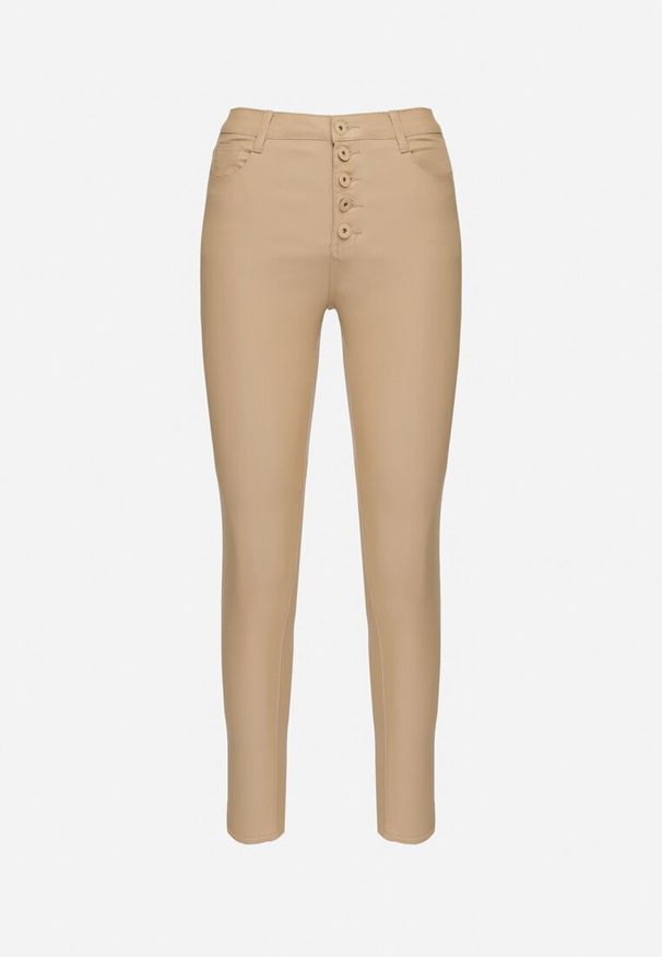 Born2be - Ciemnobeżowe Modelujące Spodnie Skinny z Imitacji Skóry Natividade. Okazja: na co dzień. Kolor: beżowy. Materiał: skóra. Wzór: aplikacja. Styl: wizytowy, elegancki, casual