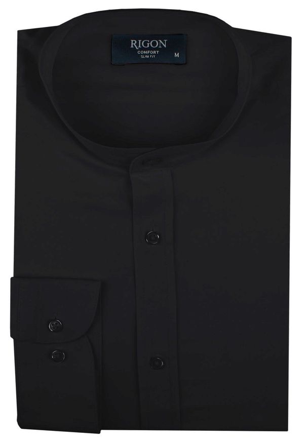 Koszula Taliowana na Stójce, Męska - Rigon - Czarna. Typ kołnierza: kołnierzyk stójkowy. Kolor: czarny. Materiał: bawełna, poliester, lyocell