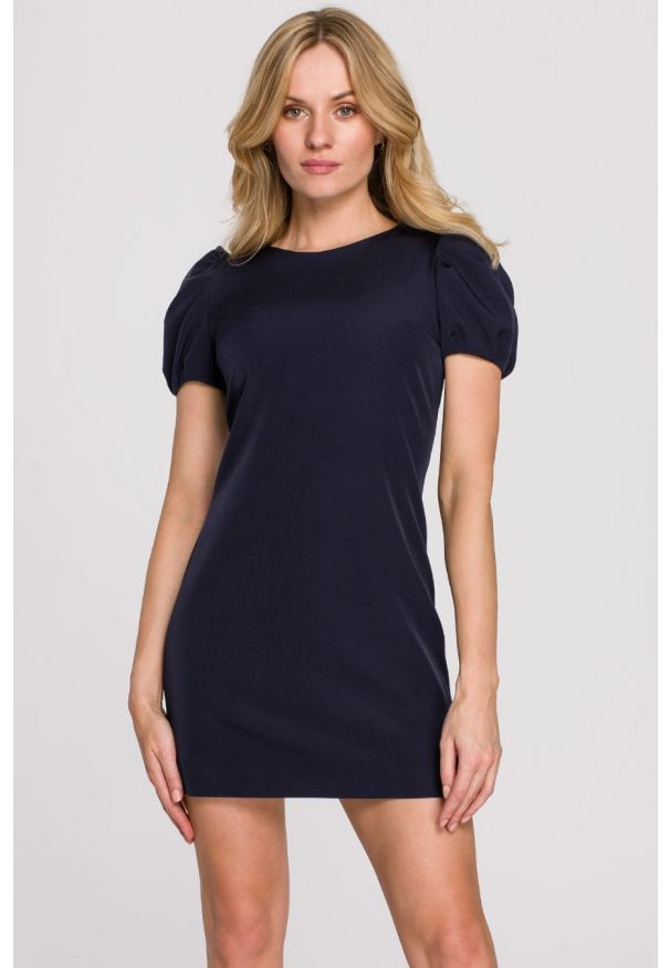 Sukienki.shop - Elegancka sukienka mini krótkie bufiaste rękawy atramentowa. Okazja: na ślub cywilny, na wesele, na imprezę. Kolor: czarny, niebieski. Styl: elegancki. Długość: mini