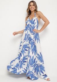 Born2be - Niebieska Wiskozowa Sukienka z Motywem Liści Siloressa. Okazja: na co dzień. Kolor: niebieski. Materiał: wiskoza. Sezon: lato. Styl: casual, elegancki