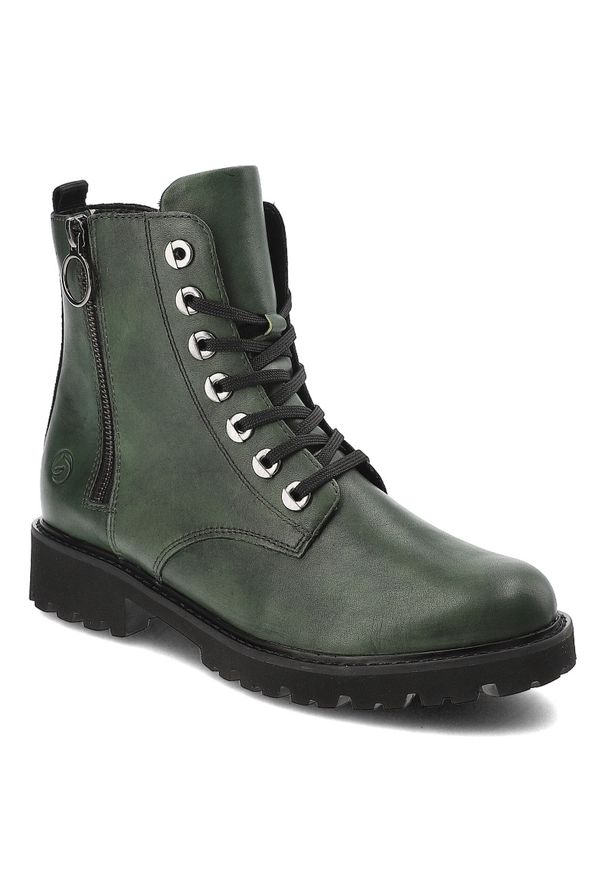 Zielone Botki Remonte Ocieplane Obuwie Damskie. Okazja: na spacer, na co dzień. Kolor: zielony. Materiał: skóra. Sezon: jesień, lato. Obcas: na obcasie. Styl: casual, retro, elegancki. Wysokość obcasa: średni