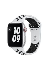 APPLE Watch SE Nike Cellular 44mm (Srebrny z opaską sportową w kolorze czarnym). Rodzaj zegarka: smartwatch. Kolor: srebrny, czarny, wielokolorowy. Materiał: nylon. Styl: sportowy #1