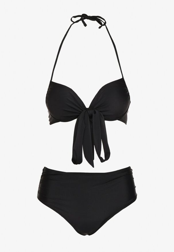 Born2be - Czarne Bikini Biustonosz z Ozdobnym Wiązaniem i Majtki Figi Fevonellea. Kolor: czarny. Wzór: aplikacja