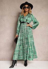 Renee - Zielona Plisowana Sukienka Maxi Ozdobiona Wzorem w Tweedowym Stylu Juvioa. Kolor: zielony. Materiał: tkanina. Wzór: aplikacja. Długość: maxi