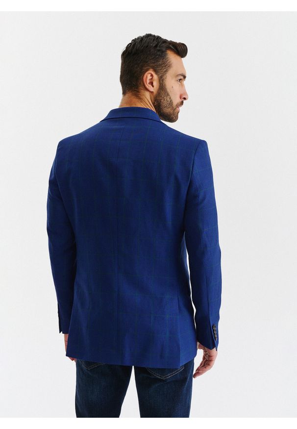 Pako Lorente - PAKO LORENTE – Granatowa casualowa marynarka męska w zieloną kratę. Okazja: na co dzień. Kolor: wielokolorowy, niebieski, zielony. Materiał: wełna, len. Sezon: lato. Styl: casual