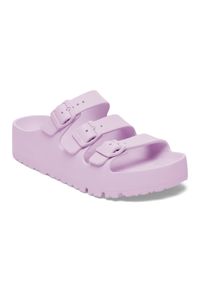 Birkenstock Florida III Flex Platform EVA Crocus Klapki damskie. Okazja: na co dzień, na plażę, na spacer. Kolor: fioletowy. Wzór: paski. Sezon: lato. Obcas: na platformie. Styl: casual, elegancki, wakacyjny