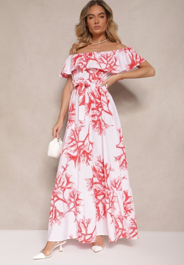 Renee - Czerwono-Biała Rozkloszowana Sukienka Hiszpanka z Wiązaniem w Talii Sesalira. Okazja: na co dzień, na imprezę. Typ kołnierza: dekolt hiszpanka. Kolor: czerwony. Typ sukienki: rozkloszowane. Styl: casual, klasyczny