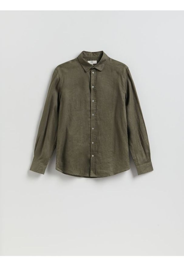 Reserved - Lniana koszula slim fit - zielony. Kolor: zielony. Materiał: len