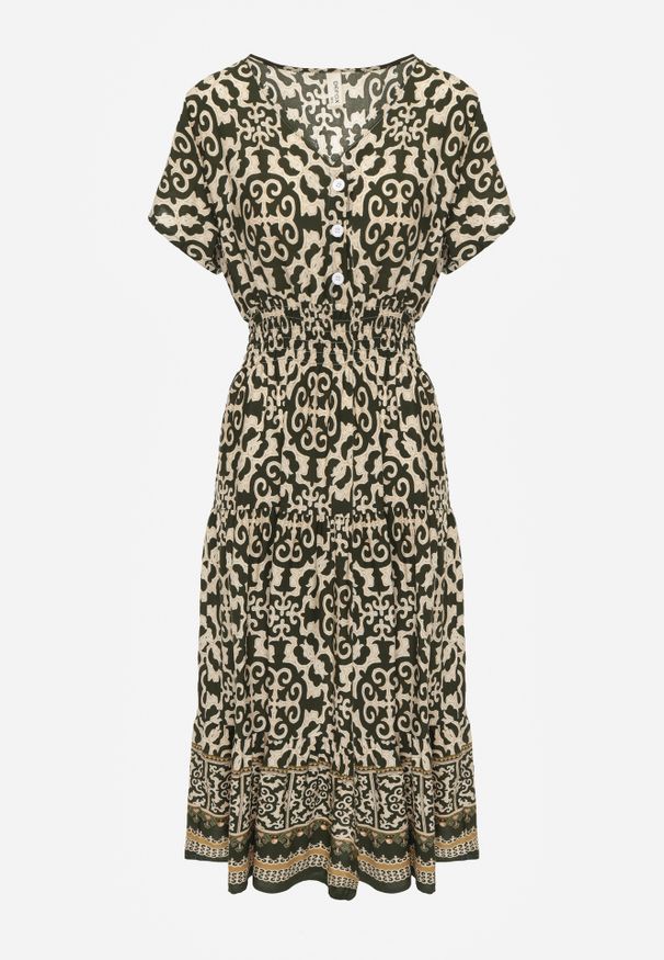 Renee - Ciemnozielona Sukienka z Bawełny z Trójkątnym Dekoltem i Gumką w Talii Zapinana na Guziki Lavlea. Okazja: na co dzień. Kolor: zielony. Materiał: bawełna. Długość rękawa: krótki rękaw. Sezon: lato. Typ sukienki: proste. Styl: wizytowy, casual