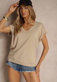 Renee - Beżowy Bawełniany T-shirt z Dekoltem w Serek Lireave. Okazja: na co dzień. Typ kołnierza: dekolt w serek. Kolor: beżowy. Materiał: bawełna. Styl: casual