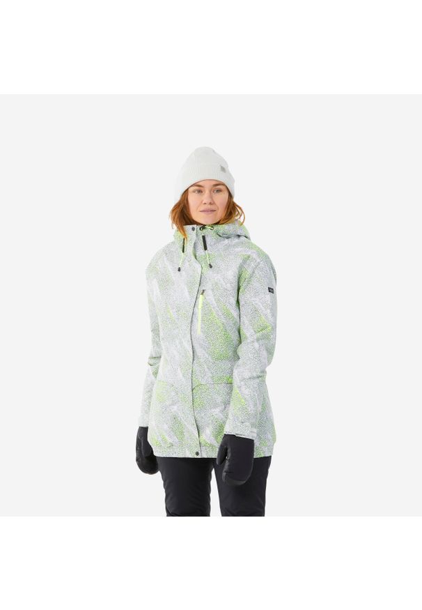 DREAMSCAPE - Kurtka snowboardowa damska Dreamscape SNB 100. Kolor: biały. Materiał: materiał. Długość: długie. Sezon: zima. Sport: snowboard