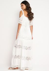 Born2be - Biała Rozkloszowana Wiskozowa Sukienka na Ramiączkach z Koronką Lerika. Okazja: na co dzień. Kolor: biały. Materiał: wiskoza, koronka. Długość rękawa: na ramiączkach. Wzór: koronka. Typ sukienki: rozkloszowane. Styl: elegancki, casual #4