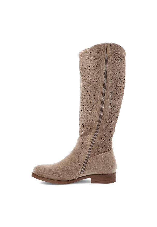 Beżowe Kozaki S.Barski Modne Obuwie Damskie. Okazja: na co dzień. Kolor: beżowy. Materiał: materiał. Szerokość cholewki: normalna. Wzór: ażurowy, kwiaty. Obcas: na płaskiej podeszwie. Styl: casual