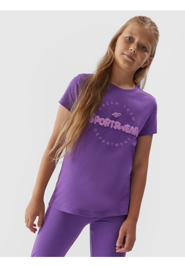 4f - T-shirt z bawełny organicznej dziewczęcy. Kolor: fioletowy. Materiał: bawełna. Wzór: nadruk