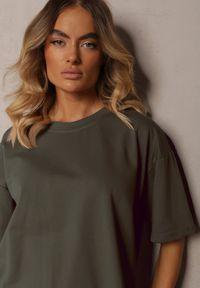 Renee - Ciemnozielony Komplet z Bawełny Proste Szerokie Spodnie z Gumką w Pasie Bluzka z Rozcięciami Vimarases. Kolor: zielony. Materiał: bawełna. Wzór: aplikacja