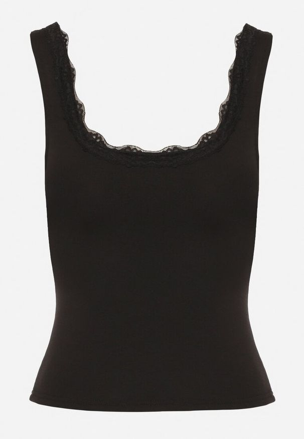 Born2be - Czarny Bawełniany Top na Szerokich Ramiączkach Zdobiony Koronką Linenia. Okazja: na co dzień, do pracy. Kolor: czarny. Materiał: bawełna, koronka. Długość rękawa: na ramiączkach. Wzór: aplikacja, koronka. Styl: casual, klasyczny