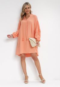 Born2be - Pomarańczowa Bawełniana Sukienka Mini z Ozdobnym Wiązaniem i Przeszyciami na Rękawach Anla. Kolor: pomarańczowy. Materiał: bawełna. Długość rękawa: długi rękaw. Typ sukienki: trapezowe. Długość: mini #4