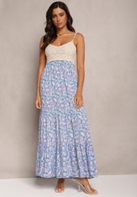 Renee - Niebieska Maxi Wiskozowa Sukienka o Rozkloszowanym Fasonie w Kwiaty Ozdobiona Szydełkowym Wzorem Damrea. Kolor: niebieski. Materiał: wiskoza. Długość rękawa: na ramiączkach. Wzór: aplikacja, kwiaty. Typ sukienki: rozkloszowane. Długość: maxi