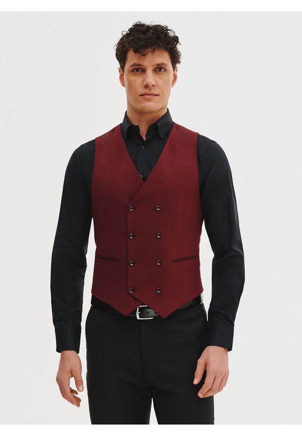 Pako Lorente - PAKO LORENTE - Bordowa dwurzędowa kamizelka męska. Kolor: czerwony. Materiał: wełna, poliester, elastan, wiskoza. Styl: elegancki, młodzieżowy