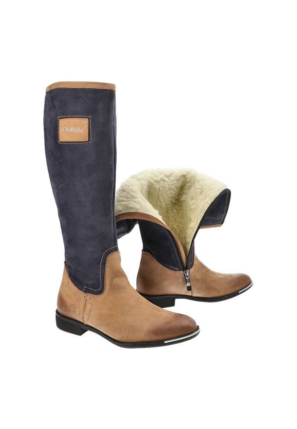 CheBello - Kozaki damskie Chebello, płaskie i zapinane na suwak, brązowo-granatowe, 2108_018-008-MIS-SO5. Okazja: na co dzień. Zapięcie: zamek. Kolor: brązowy. Materiał: nubuk. Szerokość cholewki: normalna. Obcas: na obcasie. Styl: casual, elegancki. Wysokość obcasa: niski
