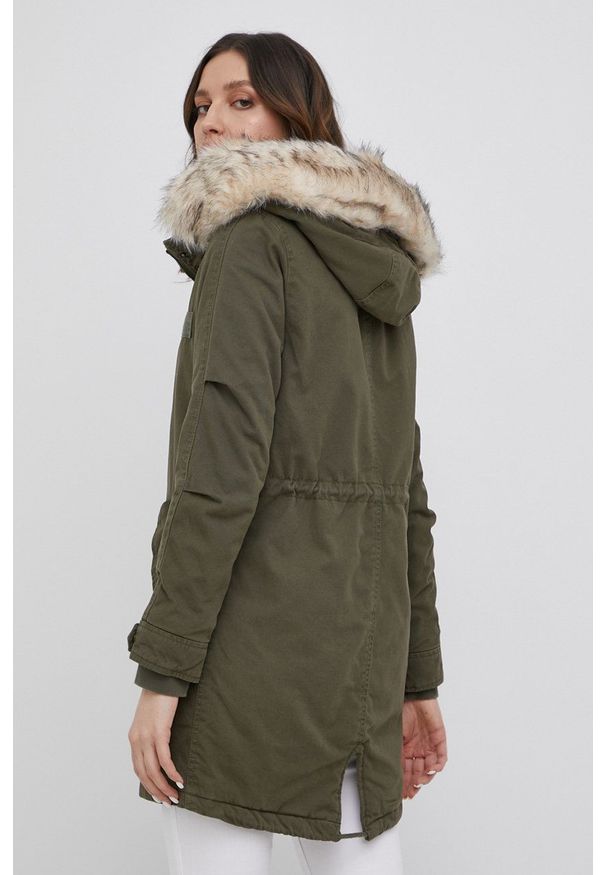 only - Only parka damska kolor zielony przejściowa. Okazja: na co dzień. Kolor: zielony. Materiał: bawełna, futro. Styl: casual