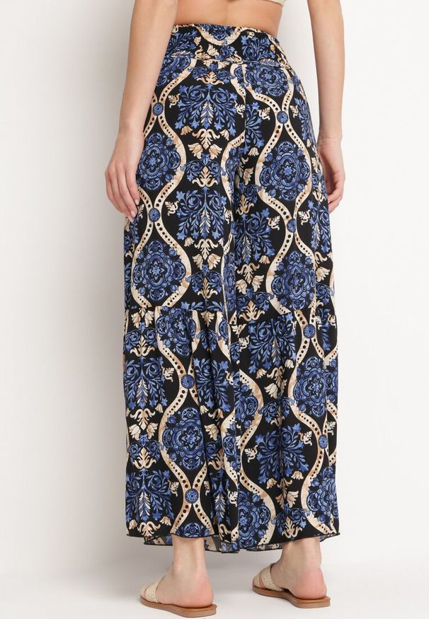Born2be - Czarno-Granatowe Szerokie Spodnie Wiskozowe z Wysokim Stanem w Ornamentalny Print Zlamelia. Stan: podwyższony. Kolor: czarny. Materiał: wiskoza. Długość: długie. Wzór: nadruk. Styl: elegancki