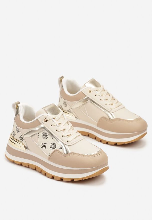 Born2be - Beżowe Sneakersy na Piankowej Podeszwie z Geometrycznym Wzorem Vorisa. Okazja: na co dzień. Kolor: beżowy. Materiał: jeans. Wzór: geometria