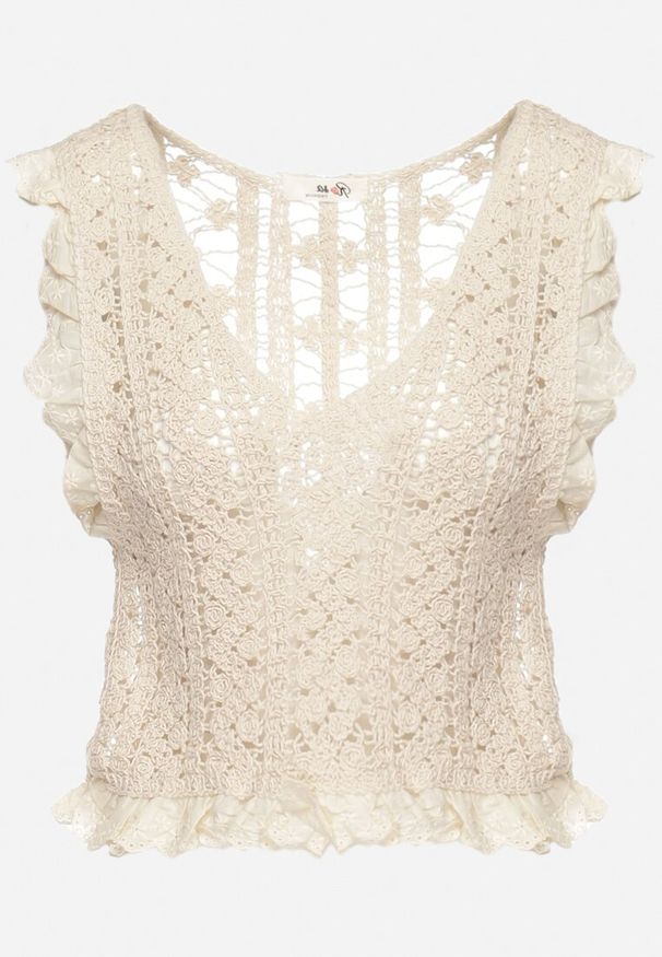 Born2be - Beżowa Bawełniana Kamizelka Top z Ażurowej Dzianiny Sicraa. Kolor: beżowy. Materiał: dzianina, bawełna. Wzór: ażurowy. Styl: boho