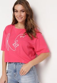 Born2be - Fuksjowy Krótki Bawełniany T-shirt z Ozdobną Aplikacją ze Sznurkiem Abiola. Kolor: różowy. Materiał: bawełna. Długość: krótkie. Wzór: aplikacja #1