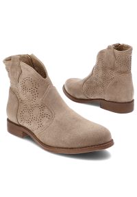 Beżowe Botki S.Barski Stylowe Ażurowe Obuwie Damskie Na Płaskim Obcasie. Okazja: na co dzień. Kolor: beżowy. Materiał: materiał. Wzór: ażurowy. Obcas: na obcasie. Styl: elegancki. Wysokość obcasa: niski #6
