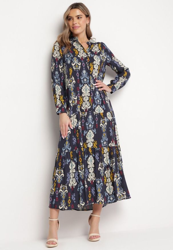 Born2be - Granatowa Sukienka Koszulowa Rozkloszowana Delirime. Okazja: na co dzień. Kolor: niebieski. Typ sukienki: koszulowe. Styl: casual, elegancki