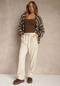 Renee - Jasnobeżowe Spodnie High Waist z Gumką i Troczkami w Pasie Rallena. Okazja: na co dzień. Stan: podwyższony. Kolor: beżowy. Styl: casual