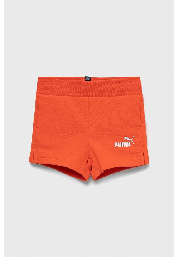 Puma szorty dziecięce kolor pomarańczowy z nadrukiem regulowana talia. Okazja: na co dzień. Kolor: pomarańczowy. Materiał: materiał. Wzór: nadruk. Styl: casual