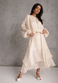 Renee - Jasnobeżowa Rozkloszowana Sukienka Wieczorowa z Szyfonowej Tkaniny Amanna. Kolor: beżowy. Materiał: szyfon, tkanina. Wzór: aplikacja. Typ sukienki: rozkloszowane. Styl: wizytowy #5