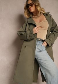 Renee - Ciemnozielony Płaszcz Trencz Dwurzędowy z Paskiem Lene. Okazja: na co dzień. Kolor: zielony. Materiał: jeans. Styl: klasyczny, casual #4