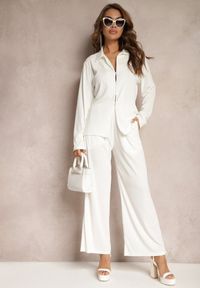 Renee - Biały Komplet Casualowy Szerokie Spodnie z Gumką w Pasie i Koszula Sansia. Kolor: biały #4