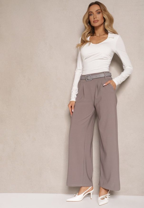 Renee - Szare Garniturowe Spodnie High Waist z Gumką i Dodatkowym Paskiem w Talii Mattine. Stan: podwyższony. Kolor: szary. Materiał: dzianina