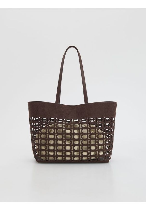 Reserved - Torebka shopper - ciemnobrązowy. Kolor: brązowy. Materiał: zamszowe