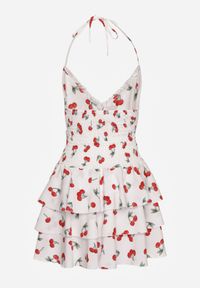 Renee - Biała Sukienka Halter o Rozkloszowanym Kroju z Falbanami w Wisienki Lanelora. Okazja: na co dzień. Typ kołnierza: dekolt halter. Kolor: biały. Materiał: bawełna. Styl: casual #3