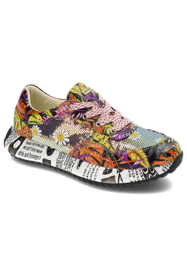 Pomarańczowe Sneakersy Laura Vita Stylowe Obuwie Damskie. Kolor: pomarańczowy. Materiał: materiał, skóra. Szerokość cholewki: normalna. Wzór: nadruk, kolorowy. Sezon: wiosna. Styl: elegancki