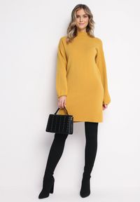 Born2be - Żółta Sweterkowa Sukienka Mini z Gładkiej Dzianiny Narel. Kolor: żółty. Materiał: dzianina. Wzór: gładki. Typ sukienki: proste. Długość: mini #3