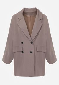 Renee - Ciemnobeżowa Oversizowa Marynarka z Klapami i Dwurzędowym Zapięciem Sinthelis. Okazja: na co dzień, na spotkanie biznesowe. Kolor: beżowy. Wzór: aplikacja. Styl: casual, biznesowy, elegancki #3