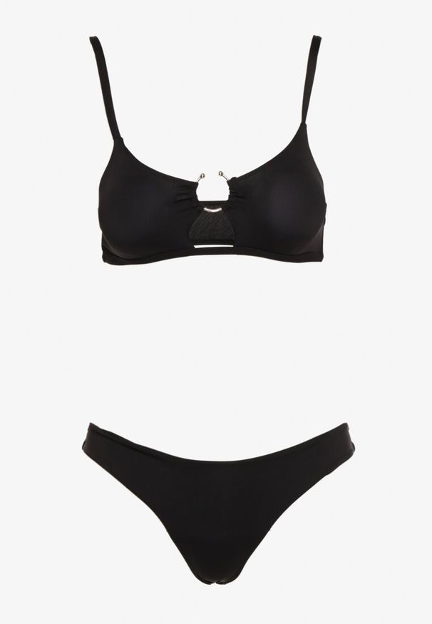 Renee - Czarne Bikini Nieodpinany Biustonosz z Usztywnianymi Miseczkami i Klamerką przy Dekolcie na Regulowanych Ramiączkach Majtki z Elastyczną Gumką w Pasie. Kolor: czarny