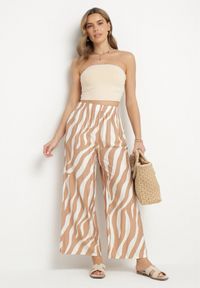 Born2be - Beżowo-Białe Szerokie Spodnie z Wysokim Stanem z Paskami Lisavitia. Okazja: na co dzień. Stan: podwyższony. Kolor: beżowy. Styl: elegancki, casual #5