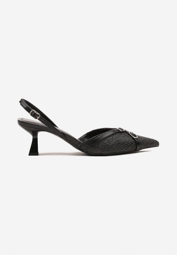 Born2be - Czarne Sandały Slingback na Obcasie Typu Kaczuszka Zdobione Klamrami Adivilo. Okazja: na co dzień. Zapięcie: klamry. Kolor: czarny. Wzór: aplikacja. Obcas: na obcasie. Styl: klasyczny, wizytowy, casual, elegancki. Wysokość obcasa: średni