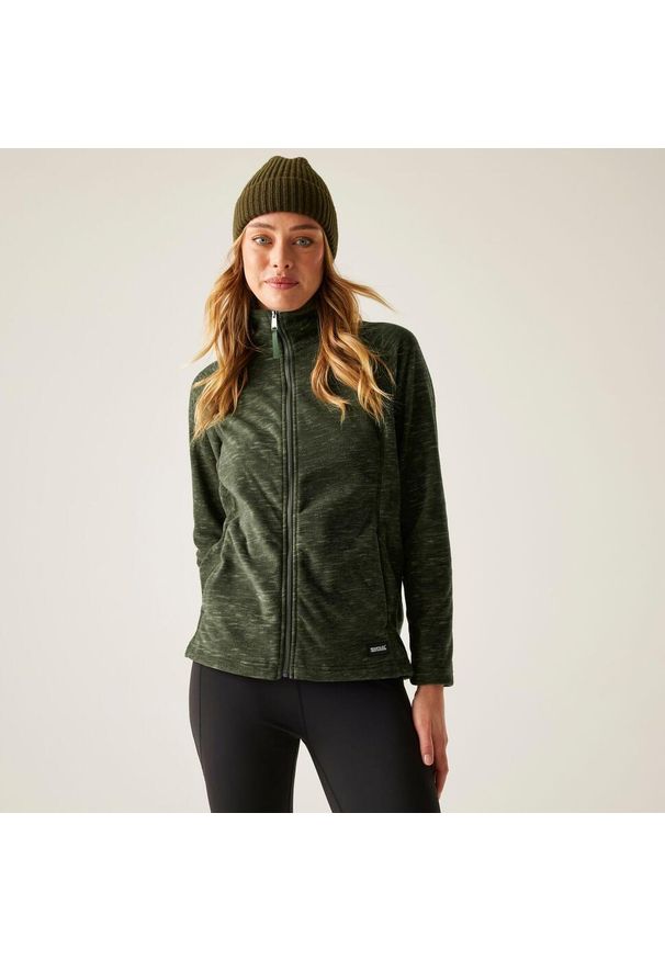 Regatta - Polar damski rozsuwany Mayse. Kolor: zielony. Materiał: polar. Długość rękawa: raglanowy rękaw. Wzór: melanż. Sport: turystyka piesza
