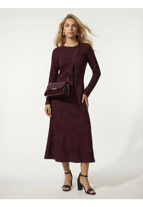 Sinsay - Żakardowa sukienka maxi w kwiaty - bordowy. Kolor: czerwony. Materiał: żakard. Wzór: kwiaty. Długość: maxi