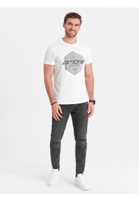 Ombre Clothing - T-shirt męski bawełniany z nadrukiem geometrycznym i logotypem - biały V1 OM-TSPT-0141 - XXL. Kolor: biały. Materiał: bawełna. Wzór: nadruk, geometria #3